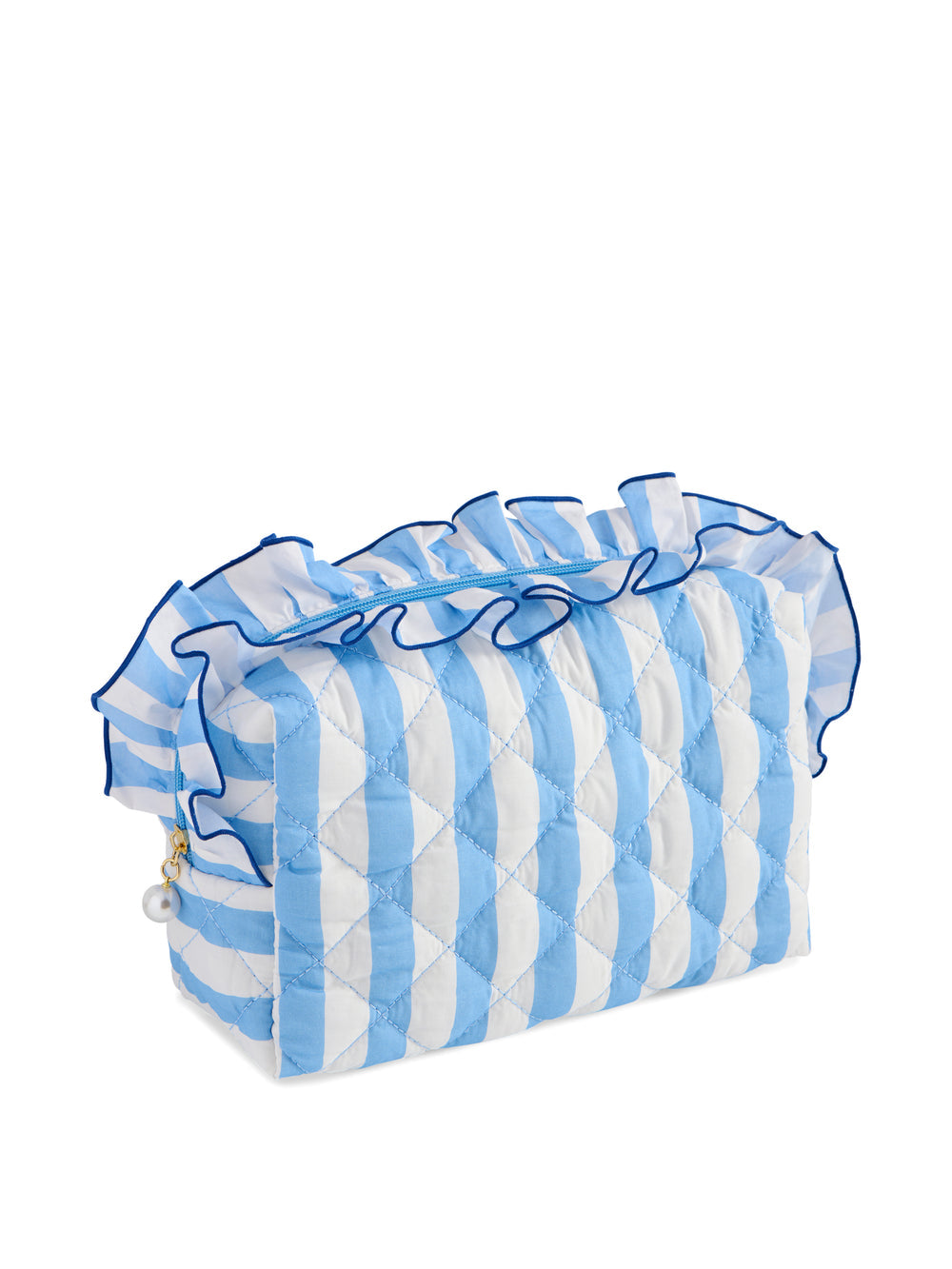 Shiraleah Light Blue Stripe Fancy Large Zip Pouch Ruffle Bag Measures L 9.5” x W 4” x H 6”
