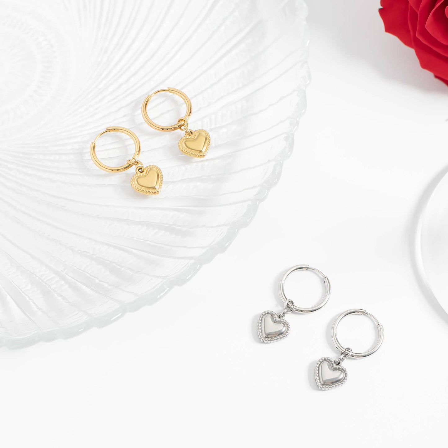 18K Gold PVD Stainless Steel Heart Pendant Hoop Earrings