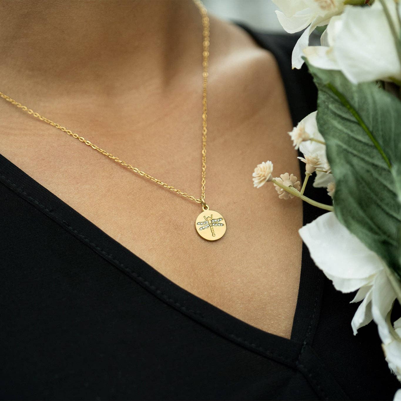 18K Gold PVD Stainless Steel CZ Dragonfly Pendant Necklace