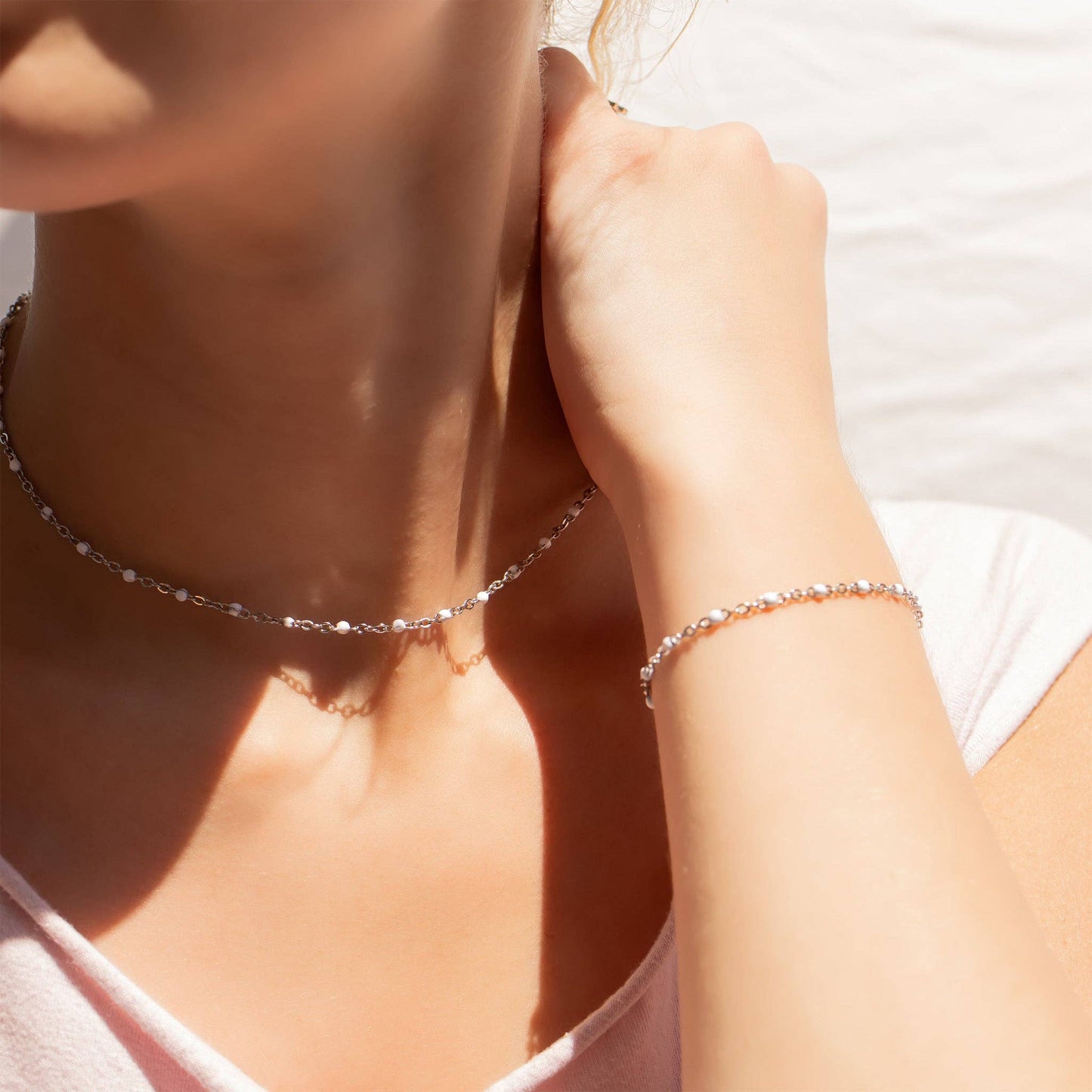 18K Gold PVD Stainless Steel White Confetti Chain Necklace
