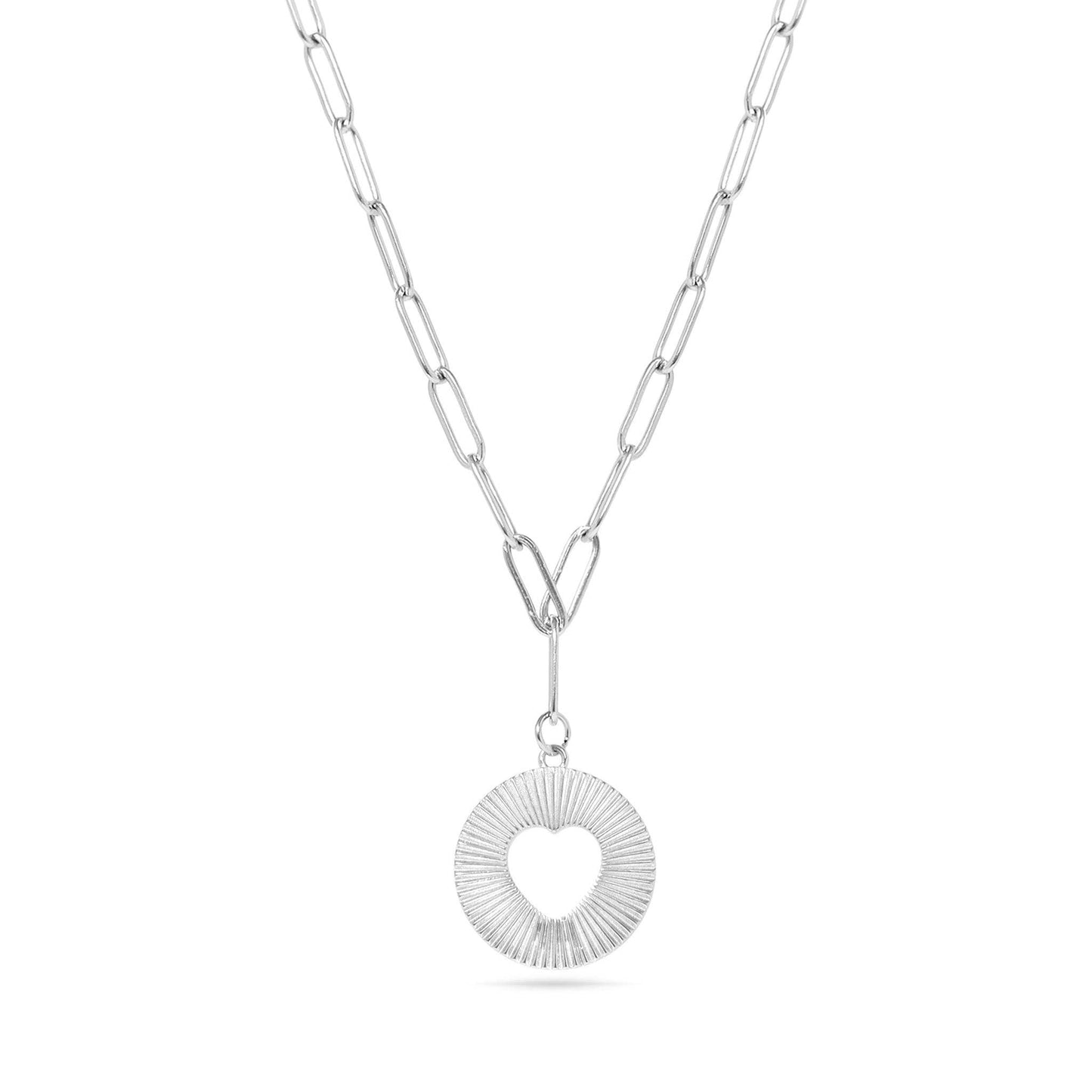 18K Gold PVD Stainless Steel Sunburst Heart Paperclip Pendant Necklace / CHN9969