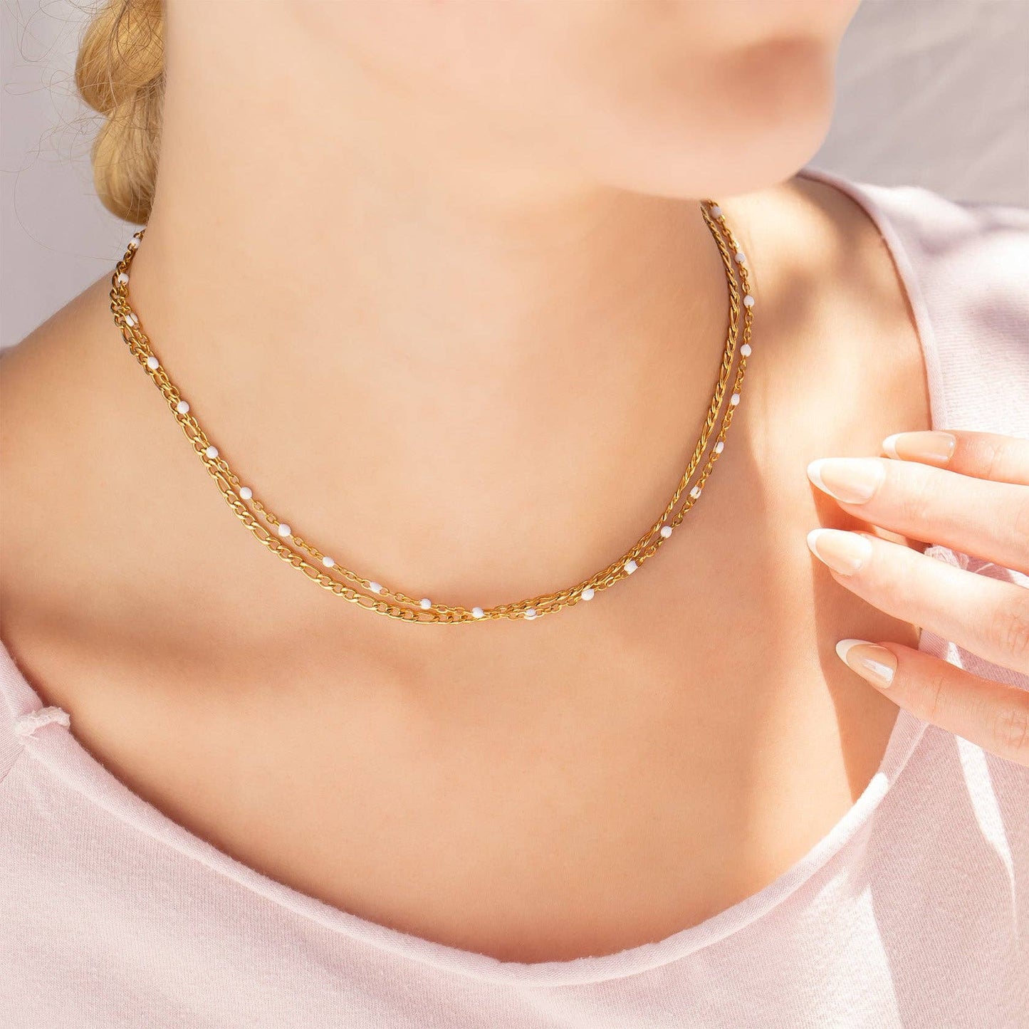 18K Gold PVD Stainless Steel White Confetti Chain Necklace
