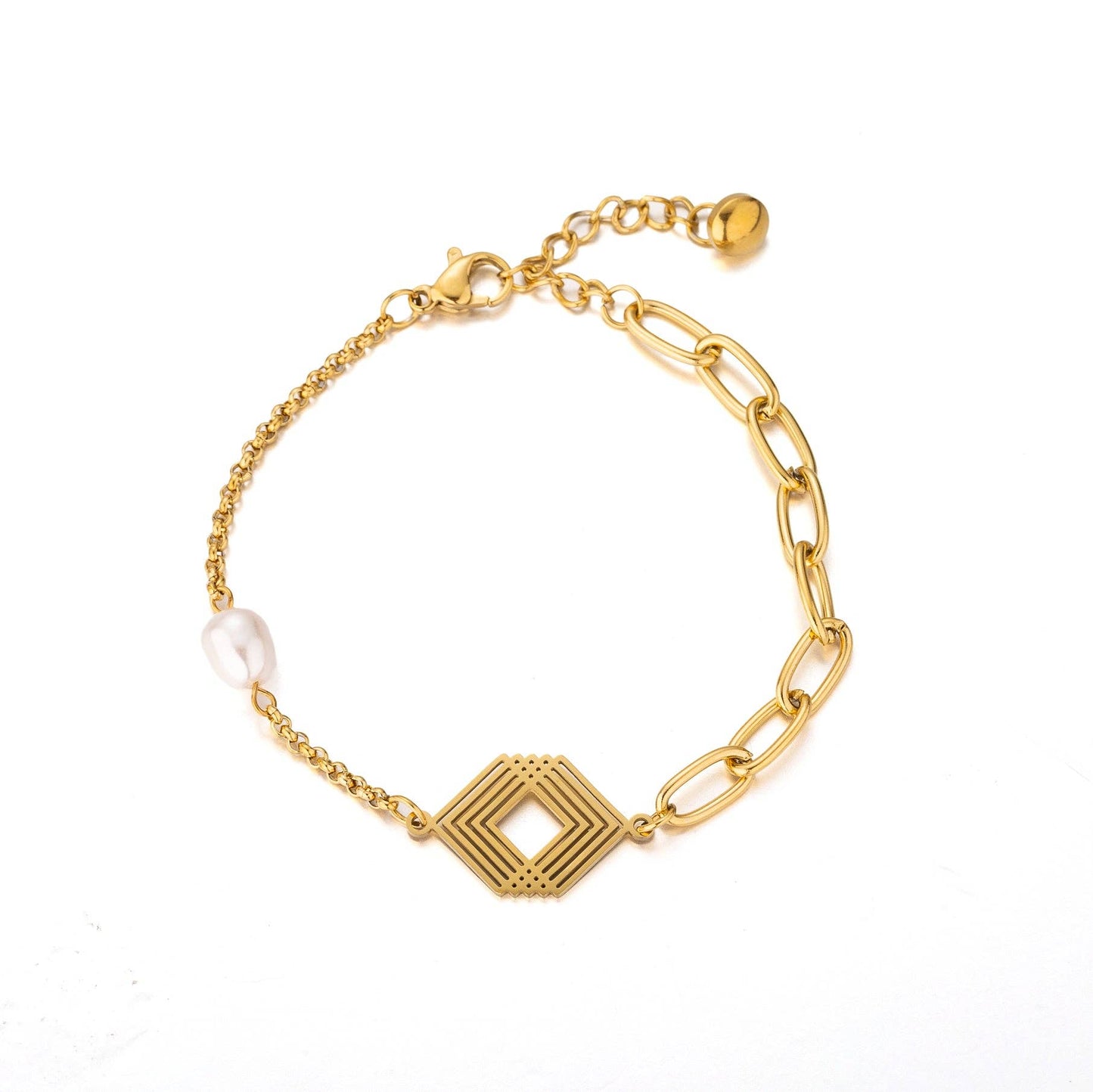 18K gold over stainless steel Pearl Paperclip Chain Link Bracelet