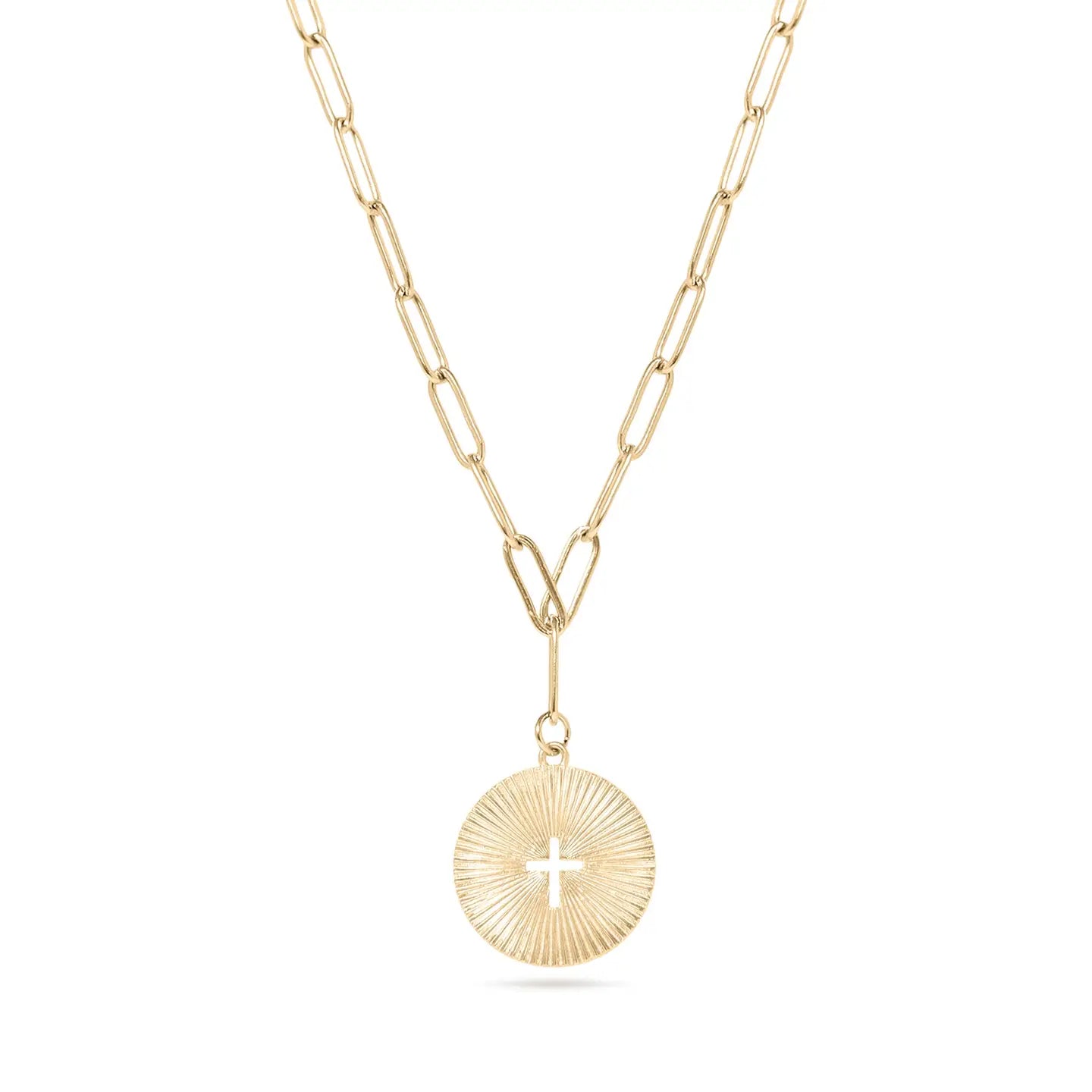 Cecilia Taylor 18k Gold PVD on Stainless Steel Sunburst Cross Paperclip Charm Necklace
