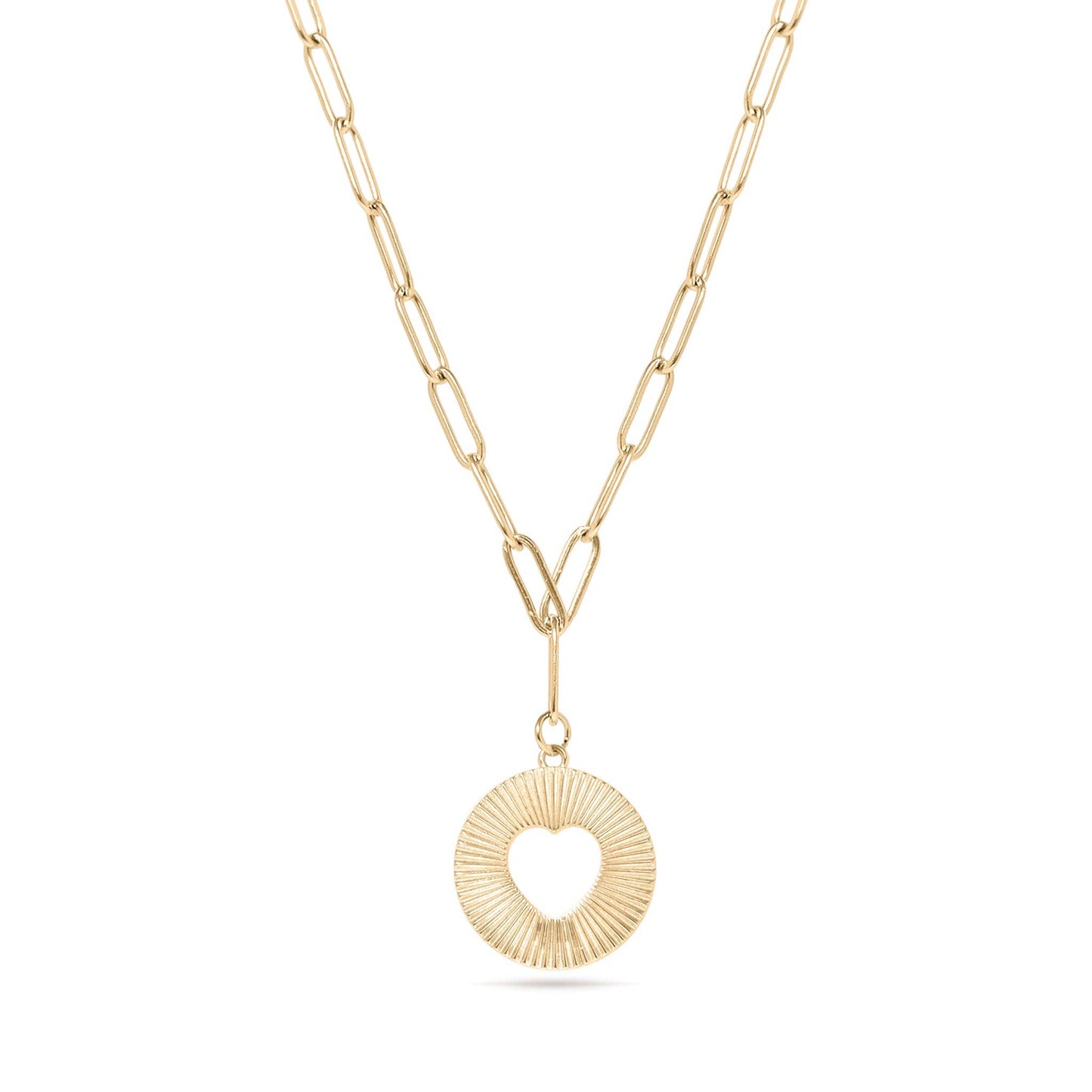 18K Gold PVD Stainless Steel Sunburst Heart Paperclip Pendant Necklace / CHN9969