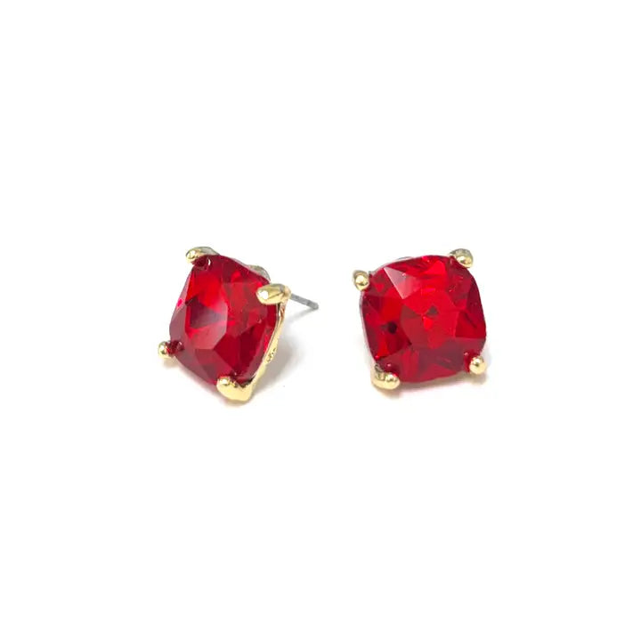 12mm Cushion Cut Square Crystal Glass Bead Stud Earrings - Red