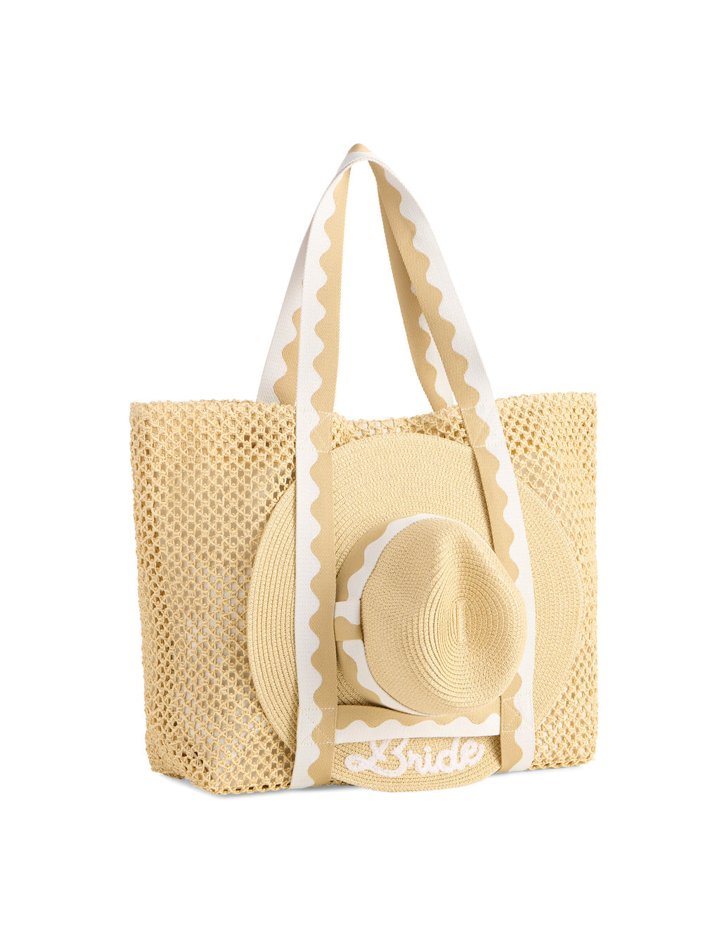 Shiraleah Capri Tote Beach Bag White Beige "BRIDE" with Hat Measures L 22” x W 6.5” x H 15”; Hat Brim 3.5"