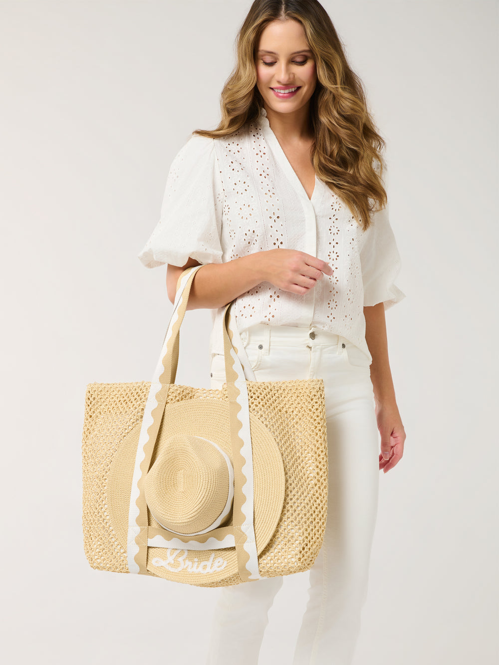 Shiraleah Capri Tote Beach Bag White Beige "BRIDE" with Hat Measures L 22” x W 6.5” x H 15”; Hat Brim 3.5"