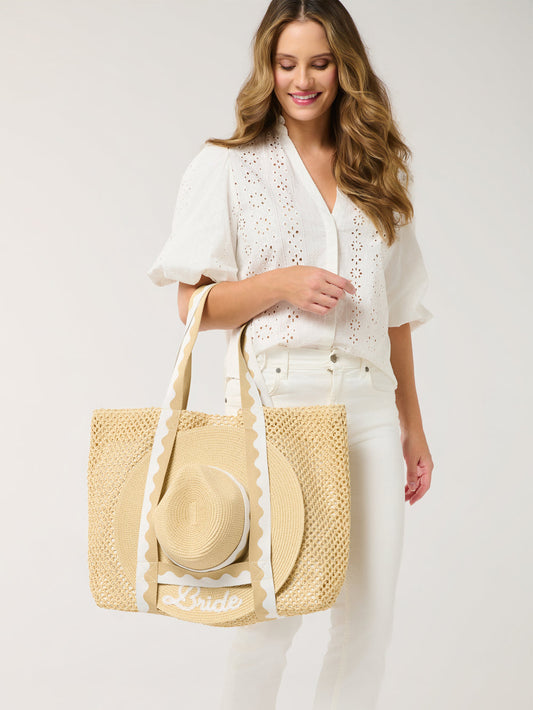 Shiraleah Capri Tote Beach Bag White Beige "BRIDE" with Hat Measures L 22” x W 6.5” x H 15”; Hat Brim 3.5"
