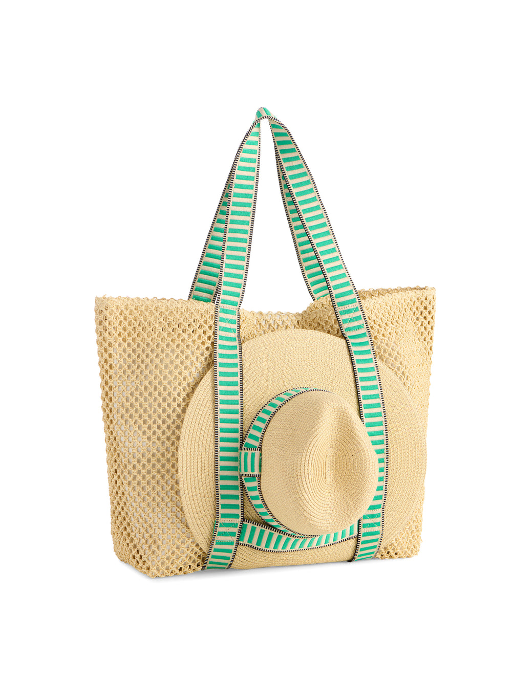 Shiraleah Dorian Green Tote Beach Bag with Hat Measures L 22” x W 6.5” x H 15”; Hat Brim 3.5"