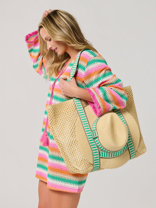 Shiraleah Dorian Green Tote Beach Bag with Hat Measures L 22” x W 6.5” x H 15”; Hat Brim 3.5"