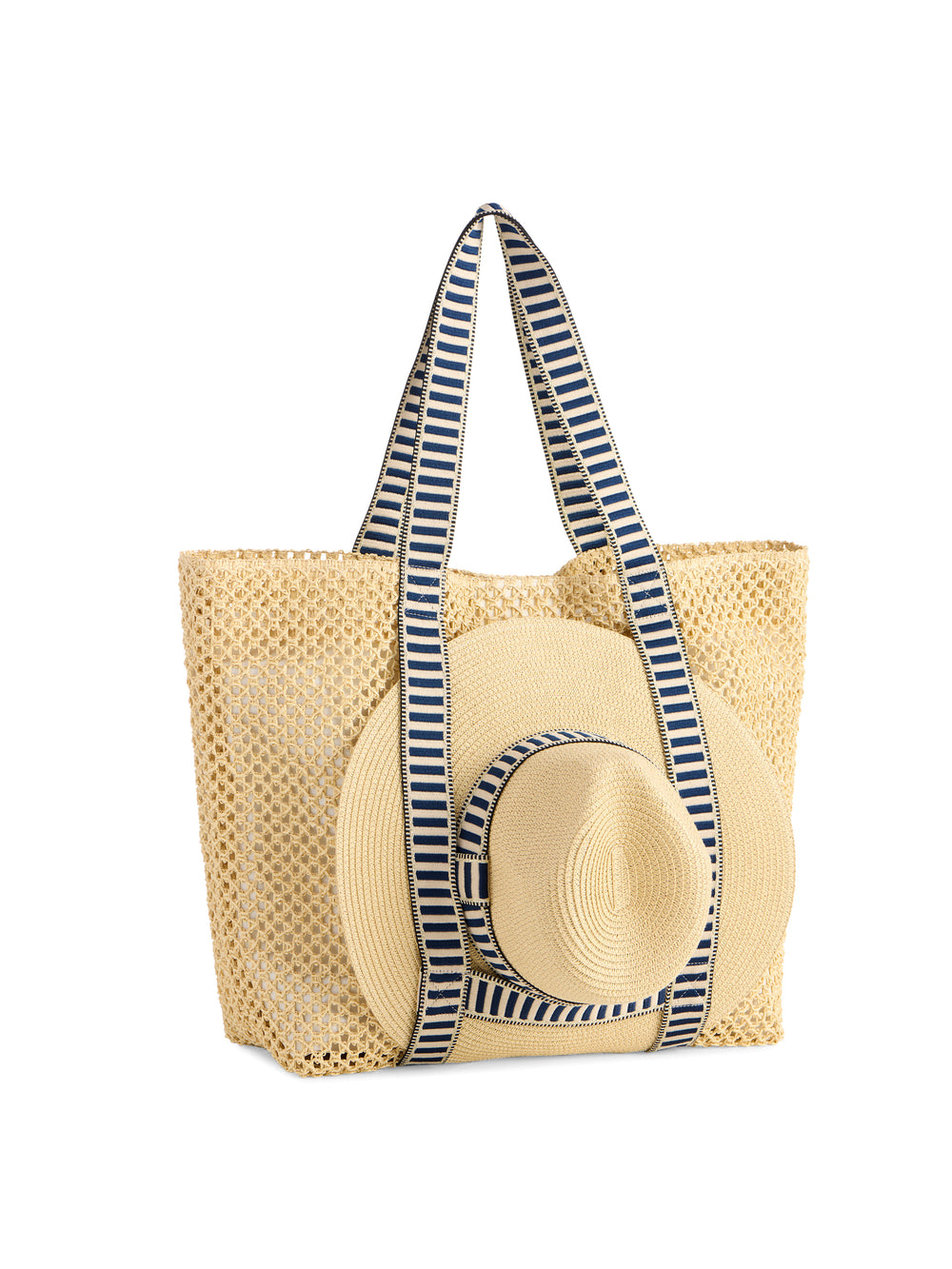 Shiraleah Dorian Navy Blue Tote Beach Bag with Hat Measures L 22” x W 6.5” x H 15”; Hat Brim 3.5"