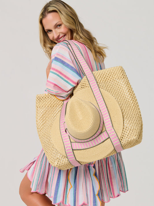 Shiraleah Dorian Pink Tote Beach Bag with Hat Measures L 22” x W 6.5” x H 15”; Hat Brim 3.5"