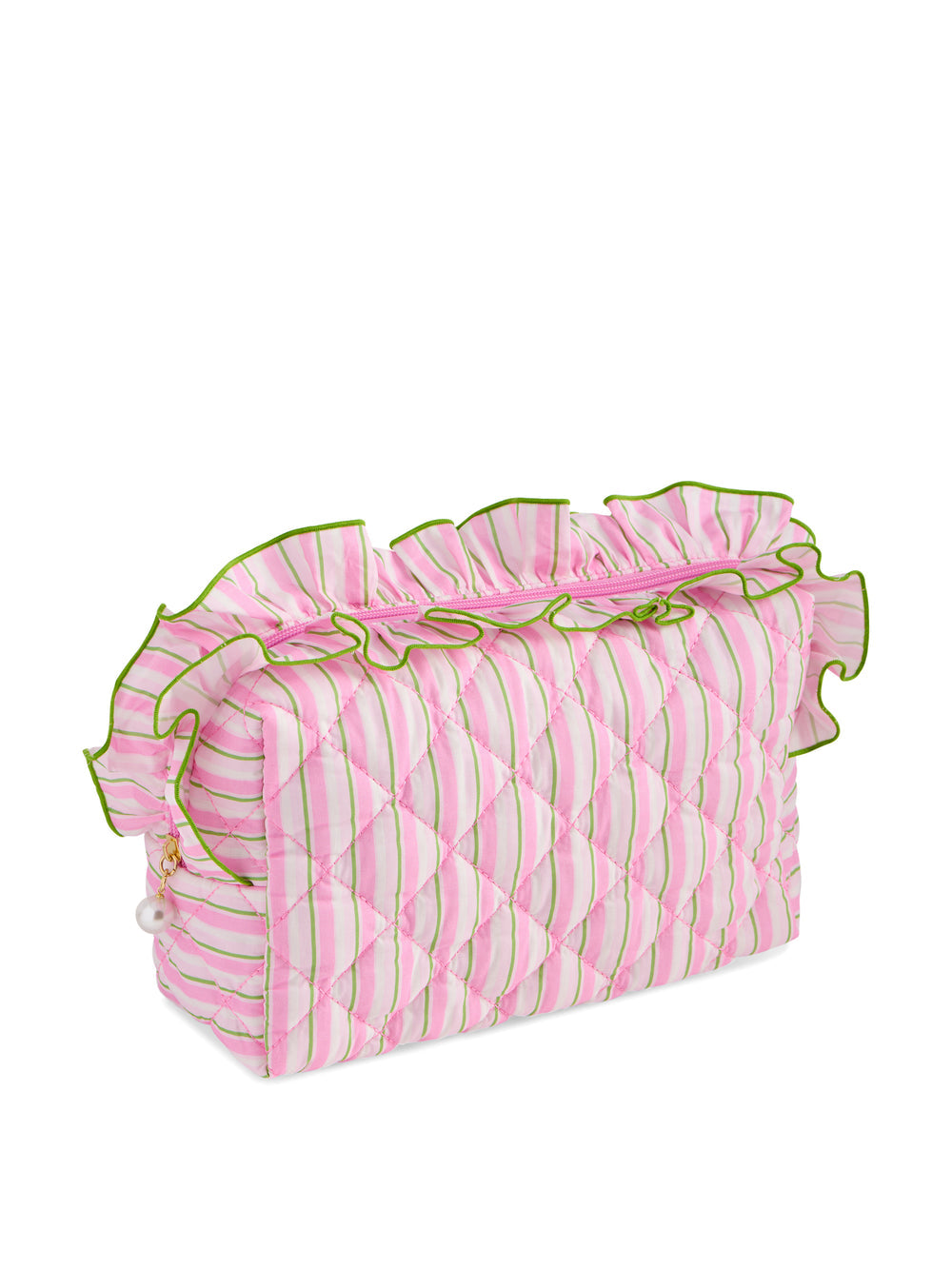 Shiraleah Light Blue  & Pink Stripe Fancy Large Zip Pouch Ruffle Bag Measures L 9.5” x W 4” x H 6”