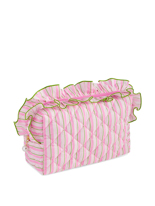 Shiraleah Light Blue  & Pink Stripe Fancy Large Zip Pouch Ruffle Bag Measures L 9.5” x W 4” x H 6”