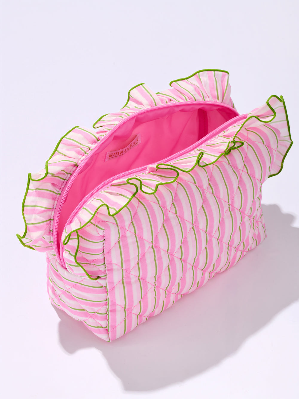 Shiraleah Light Blue  & Pink Stripe Fancy Large Zip Pouch Ruffle Bag Measures L 9.5” x W 4” x H 6”