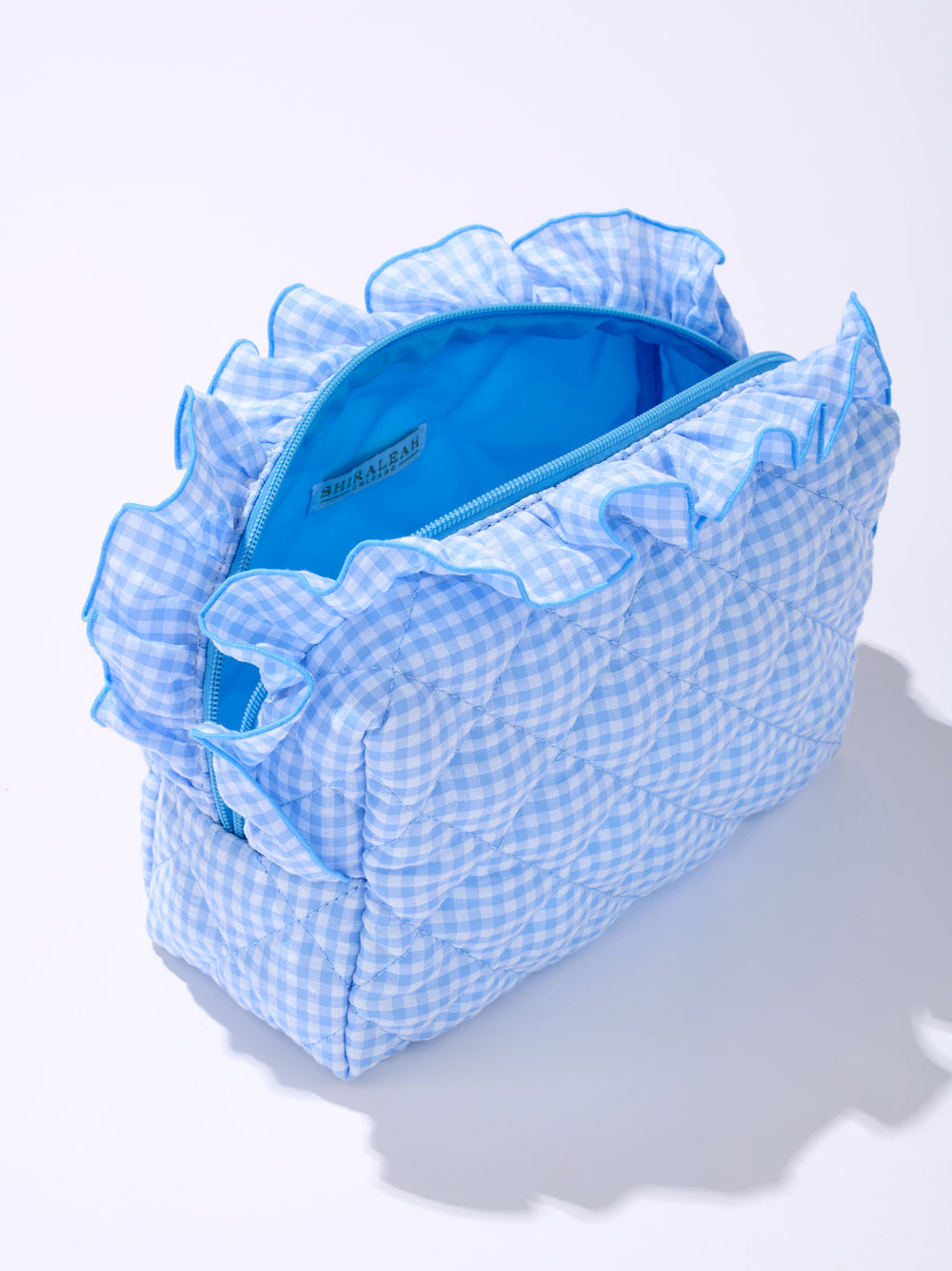 Shiraleah Light Blue Stripe Fancy Large Zip Pouch Ruffle Bag Measures L 9.5” x W 4” x H 6”
