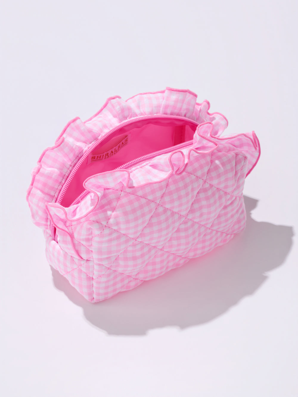 Shiraleah Pink & White Fancy Small Zip Pouch Ruffle Bag Measures L 7” x W 3.5” x H 4"