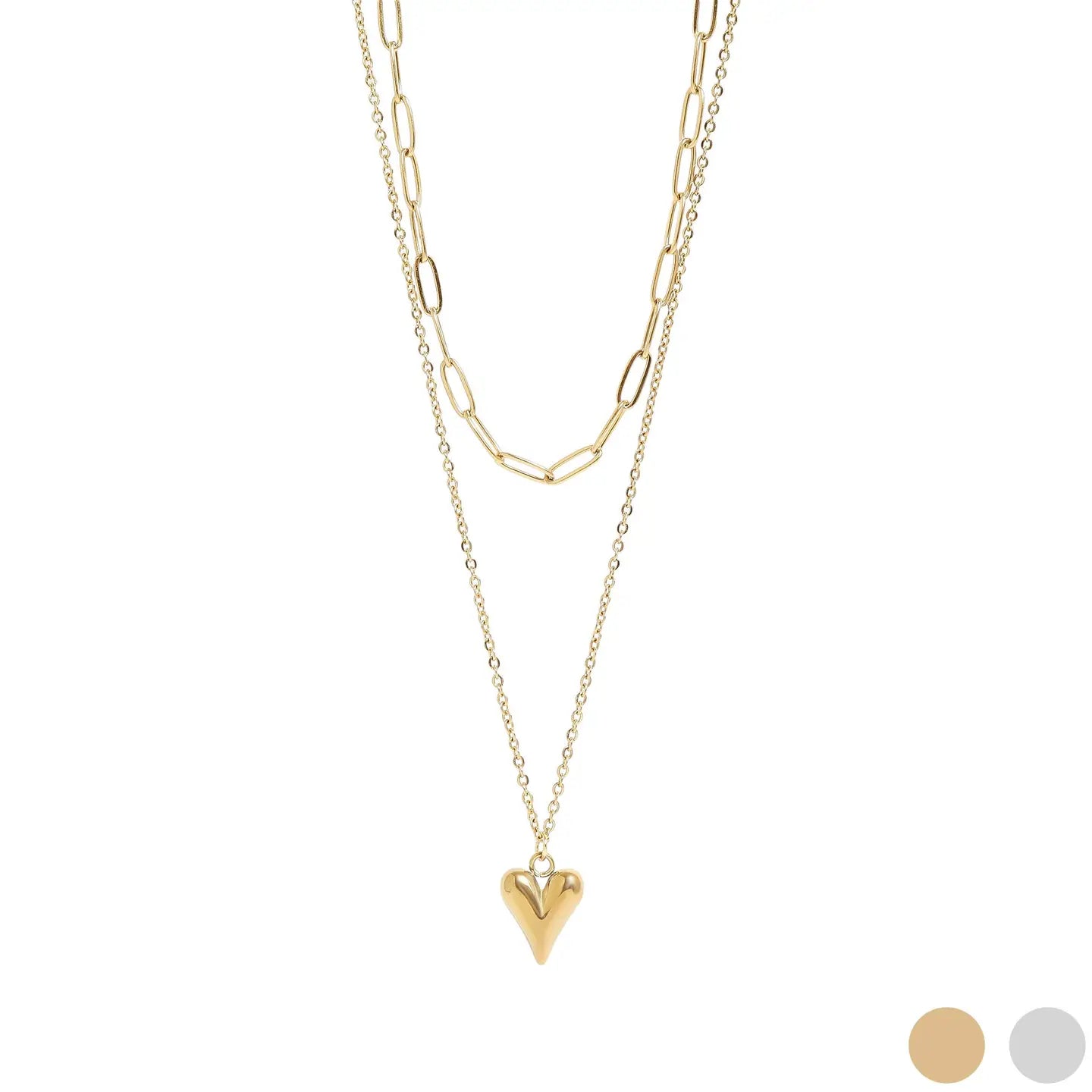 Cecilia Taylor 18K Gold Pvd Stainless Steel Loop and Paperclip Layered Chain Heart Charm Necklace