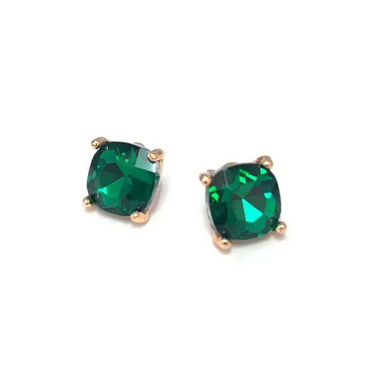 12mm Cushion Cut Square Crystal Glass Bead Stud Earrings - Emerald