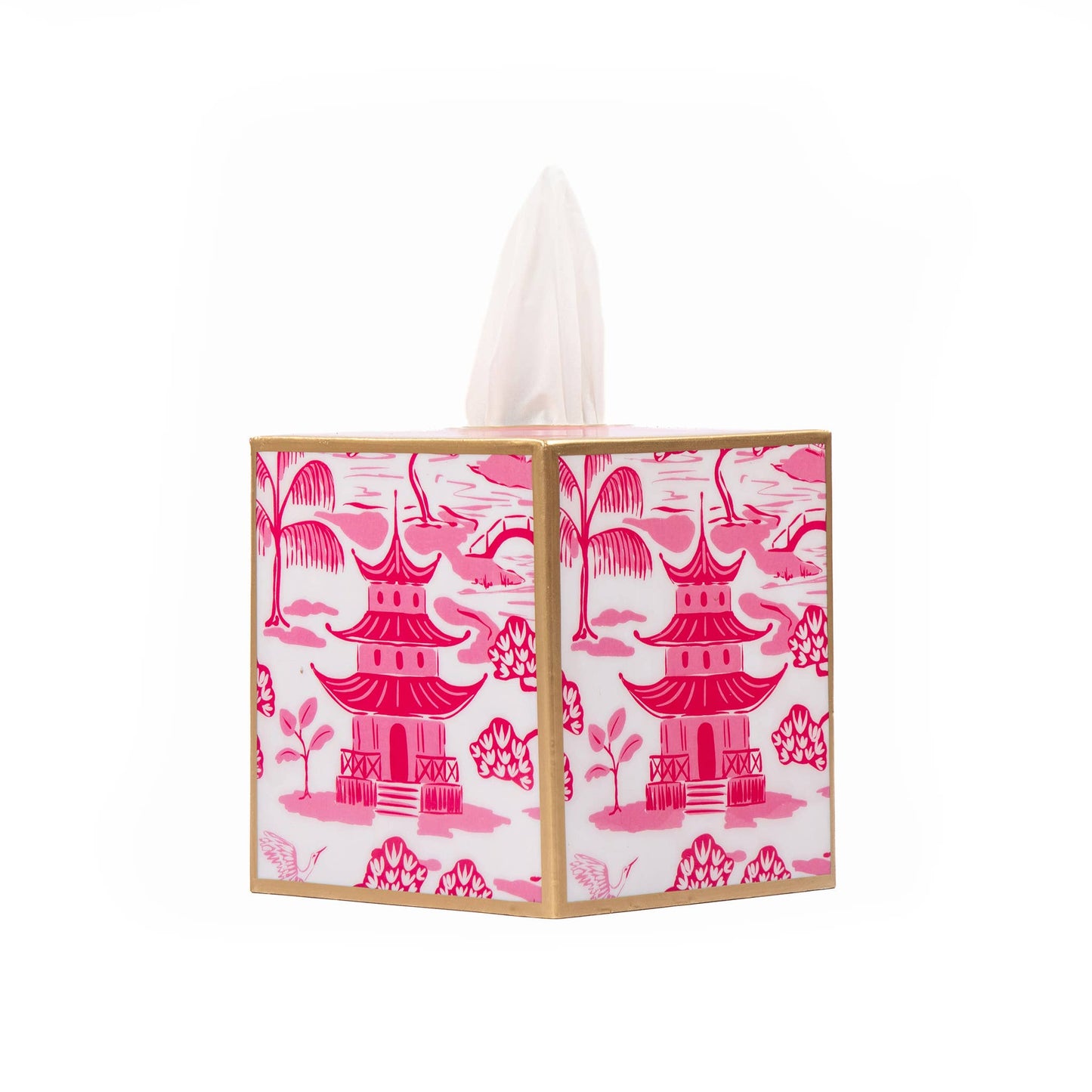 Kyoto Pagoda Enameled Tissue Box Cover - White & Pink