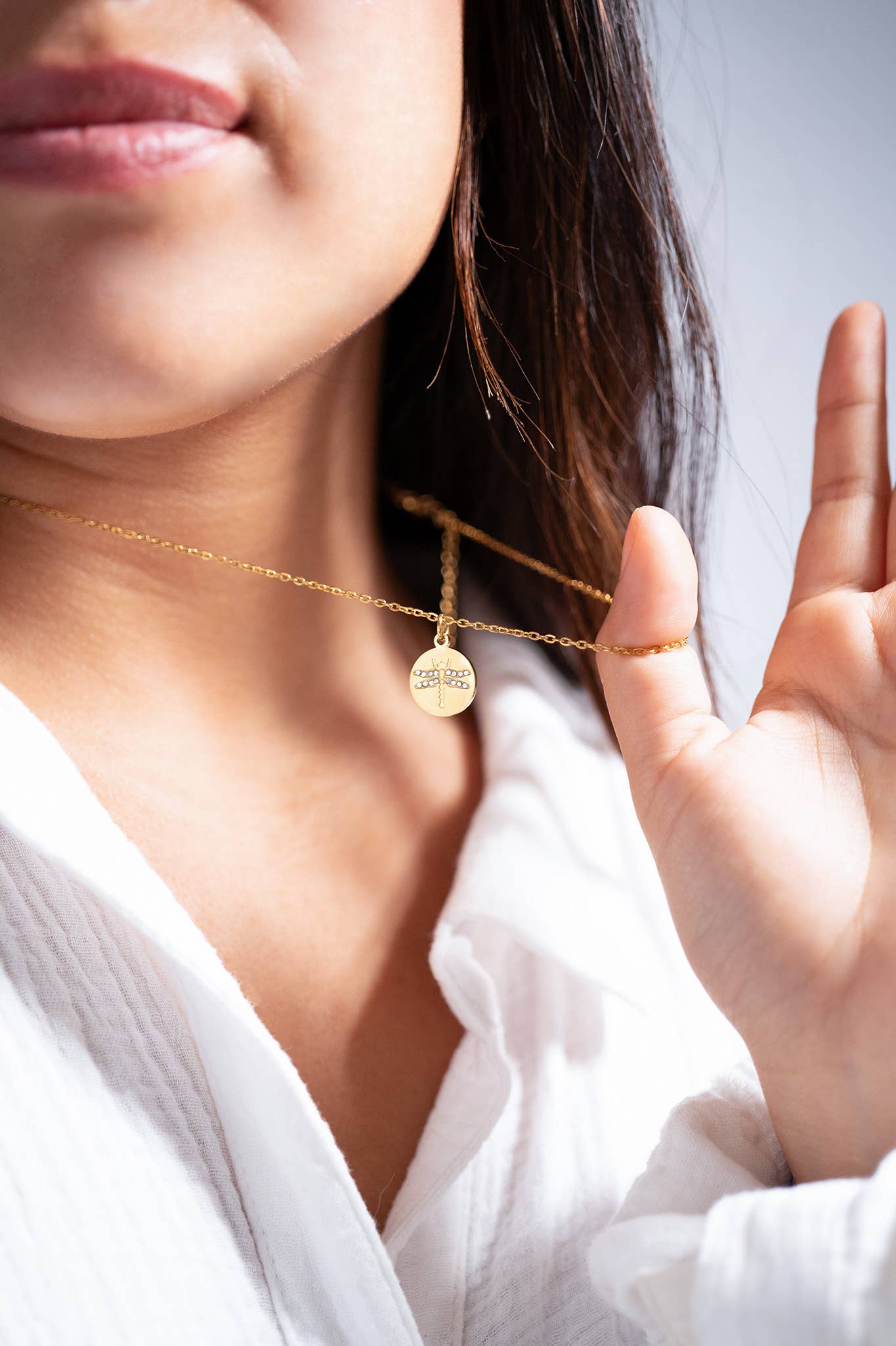 18K Gold PVD Stainless Steel CZ Dragonfly Pendant Necklace
