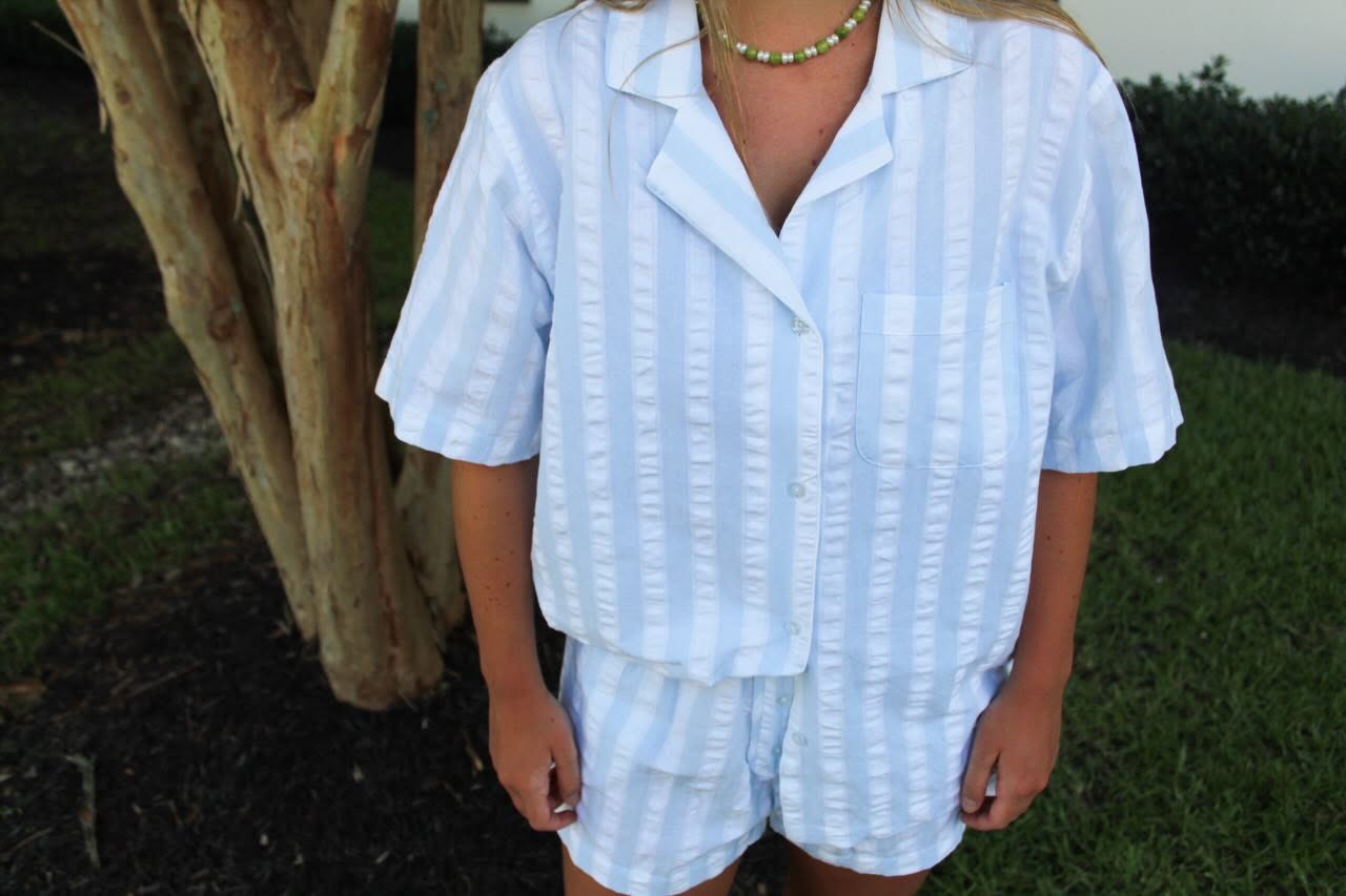 8 OAK LANE 2pc Seersucker Striped Top And Boxer Shorts Pajama Set