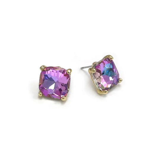 12mm Cushion Cut Square Crystal Glass Bead Stud Earrings - Lavender