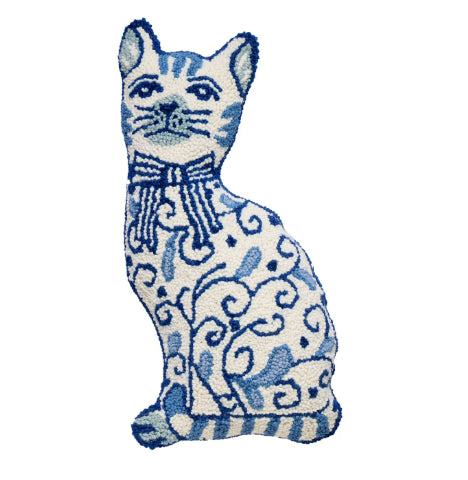 Peking Handicraft Chinoiserie Blue Cat Pillow