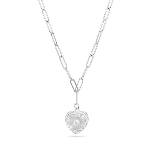 Cecilia Taylor Stainless Steel Sunburst Cz Heart Paperclip Pendant Necklace