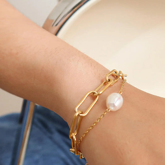 Aether Gold Stacked Chain Pearl Non-Tarnish Bracelet