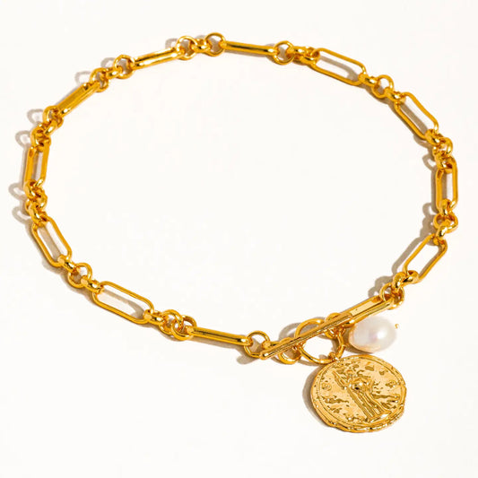 Leah 18k Gold Large Coin and Pearl Chain Necklace