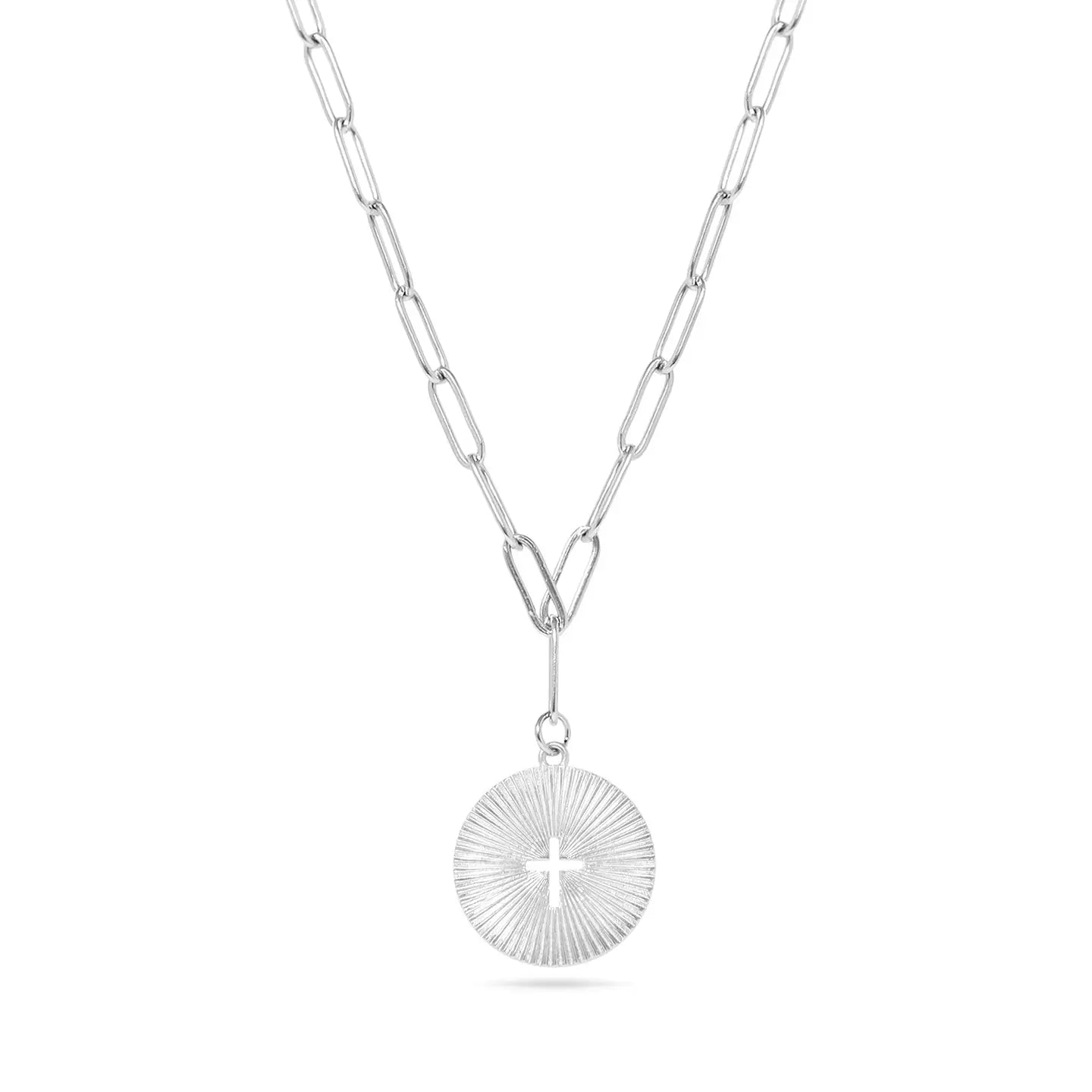 Cecilia Taylor Stainless Sunburst Cross Paperclip Charm Necklace