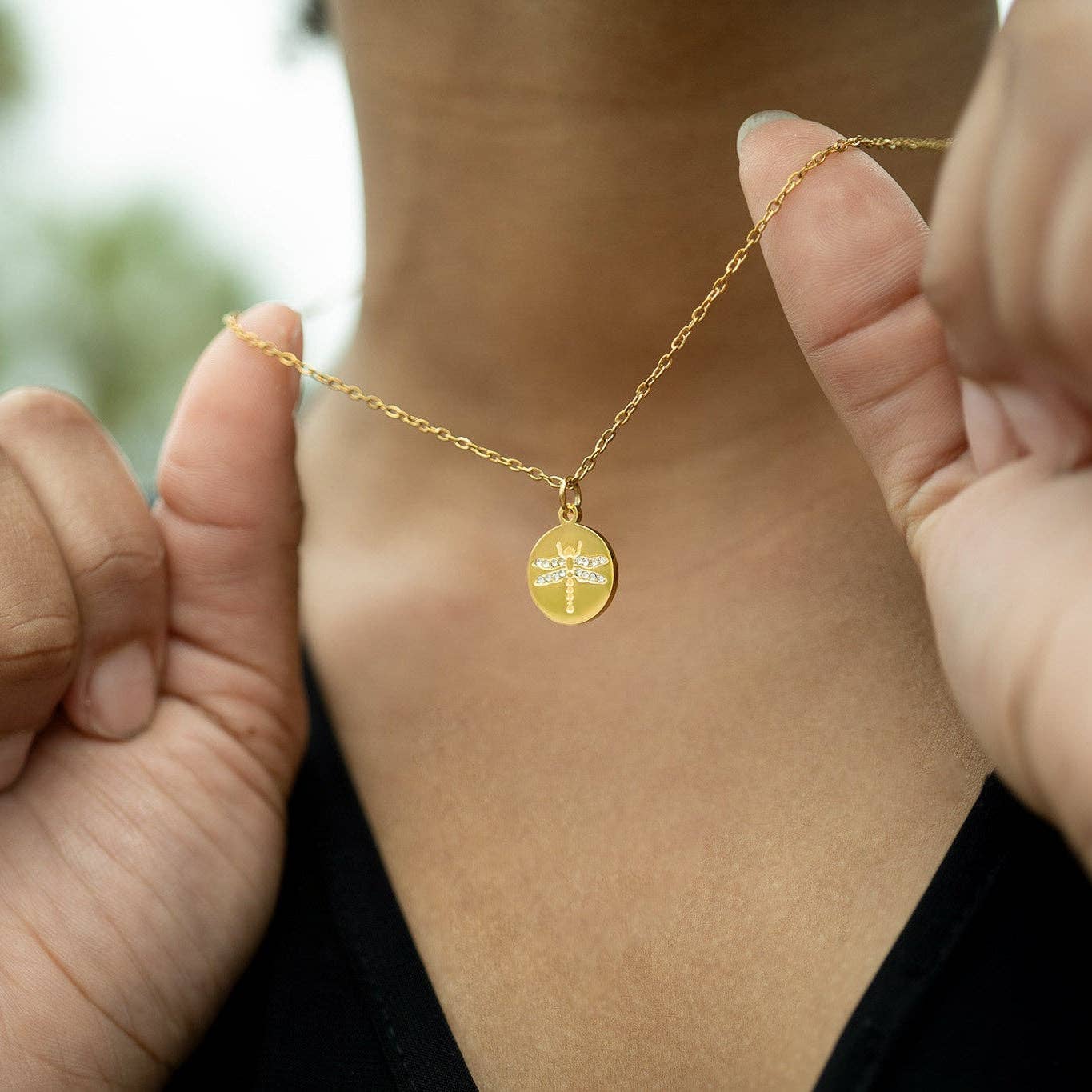 18K Gold PVD Stainless Steel CZ Dragonfly Pendant Necklace