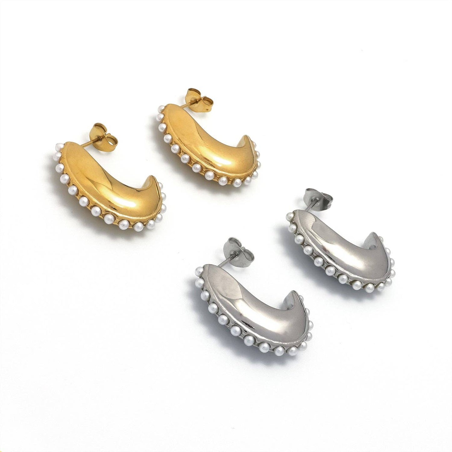 Gold Vintage or Silver Stainless Steel Pearl Chunky Posts Earring-00005 Earring-00006