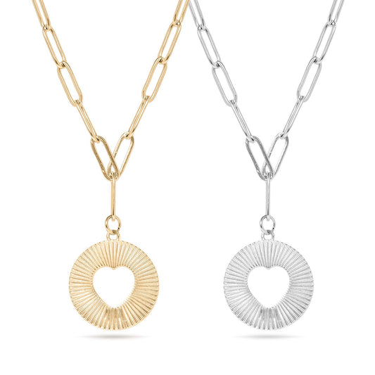18K Gold PVD Stainless Steel Sunburst Heart Paperclip Pendant Necklace / CHN9969