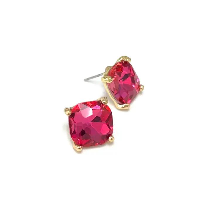 12mm Cushion Cut Square Crystal Glass Bead Stud Earrings - Rose