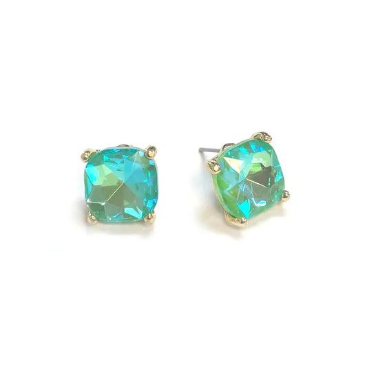 12mm Cushion Cut Square Crystal Glass Bead Stud Earrings - Neon Mint