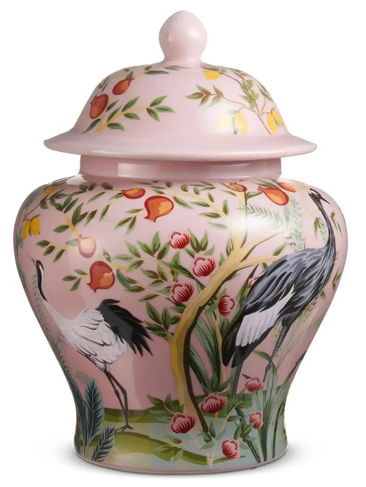 16" Citrus Ginger Jar Multi Color, Birds, Lemons Fruits, Water Sealed Pink